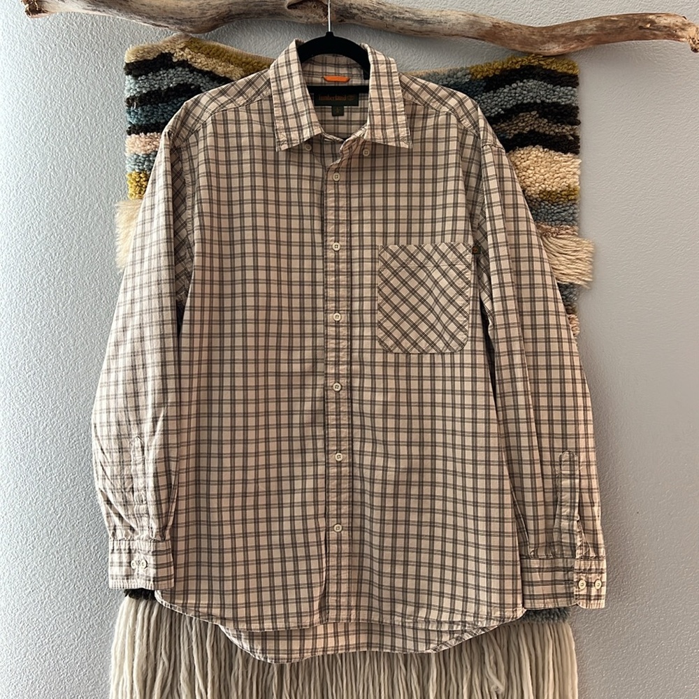 TIMBERLAND Men's Y2K Retro Plaid Cream/Grey Classic Button Down LS Camp Shirt L